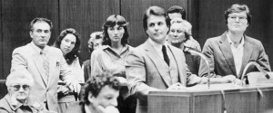 Six teachers and the founder of the McMartin Preschool in Manhattan Beach, Calif., appeared with their lawyer in court in April 1984 on child abuse charges. - Associated Press