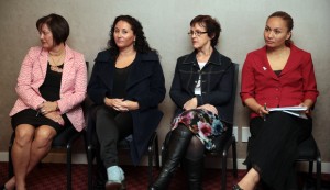 From left: Glenn Inquiry chief executive Kirsten Rei, report authors Melinda Webber and Denise Wilson, and chief panellist Marama Davidson. Photo: RNZ / Diego Opatowski