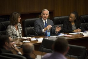 Gov/ Mark Dayton made a brief statement at the first child protection task force meeting in October, with co-chairs Lucinda Jesson, left, and Toni Carter. (Photo: Brian Peterson, Star Tribune file)